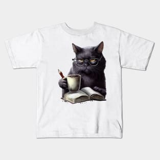 Black cat drinking coffee. Kids T-Shirt